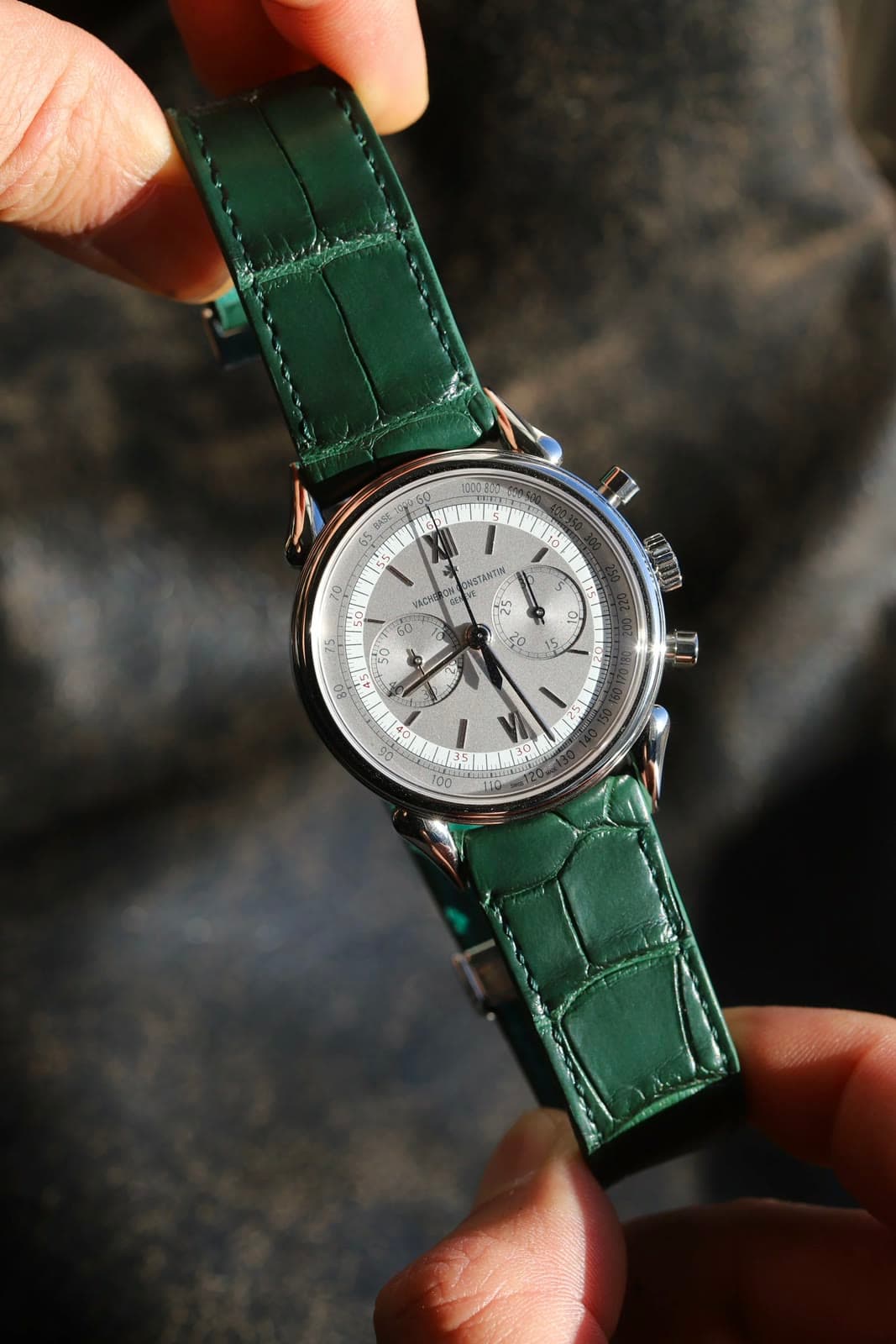 A green alligator strap on a Vacheron Constantin, held to the light.