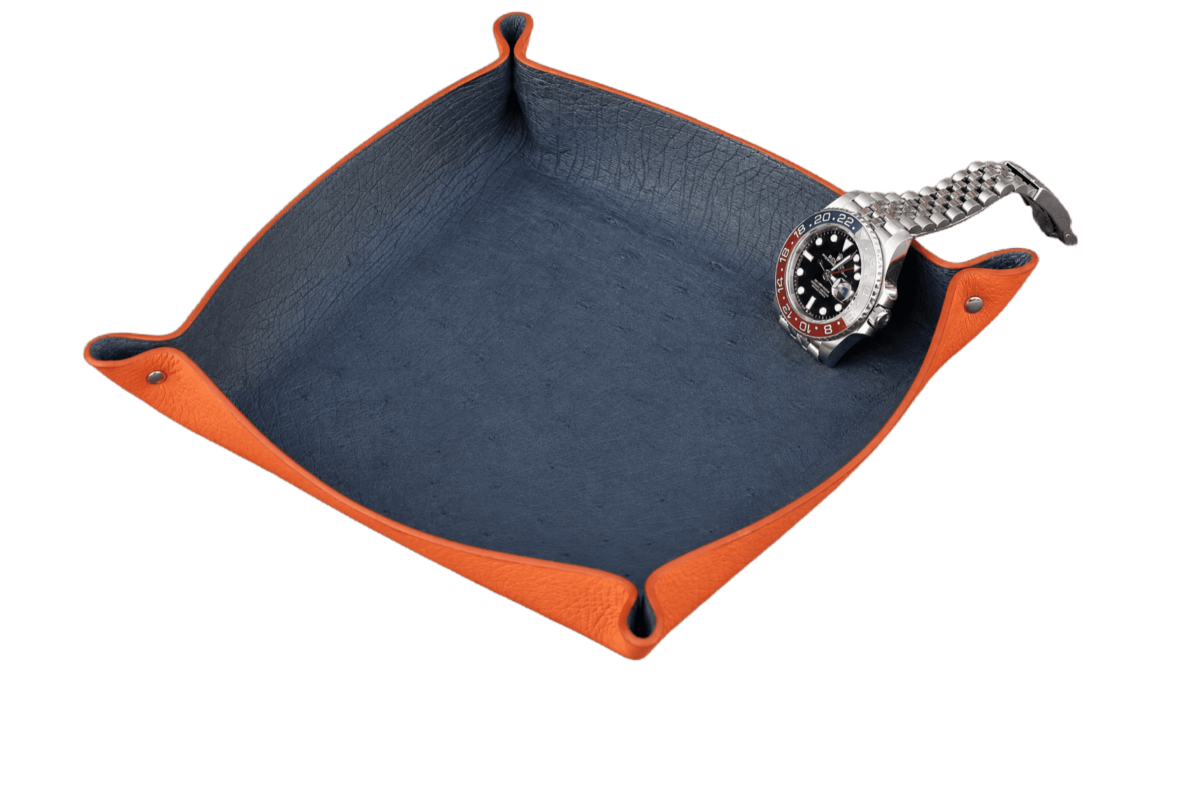 A blue-and-orange ostrich-leather Aaron Bespoke valet tray cradling a Rolex GMT-Master.